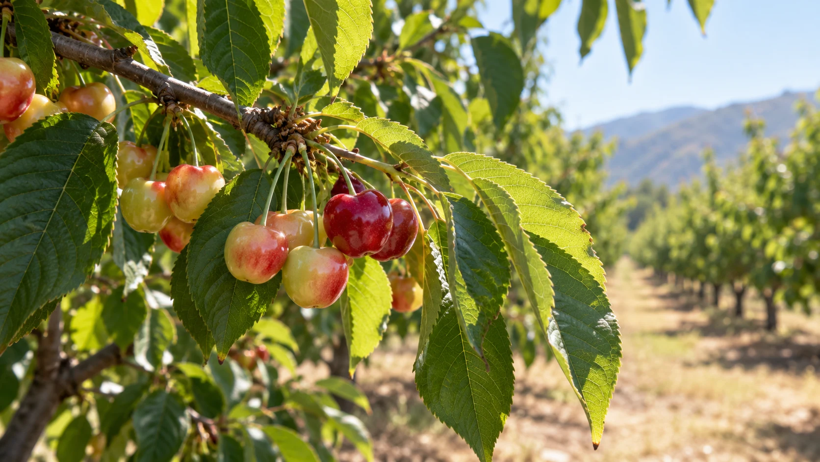 Hojas y frutos de cerezo durante su desarrollo, bajo luz de verano